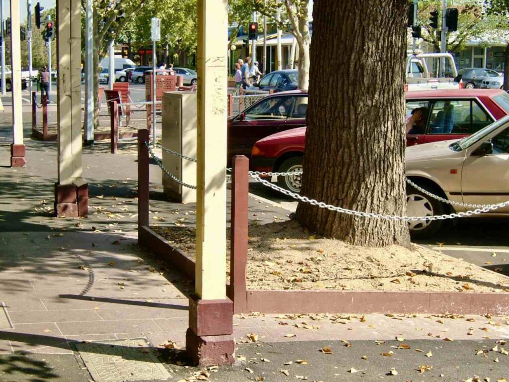 A close-up of the street-side garden bed at Sunbury Mall, showing the edge of the stone-paved footpath supplied by Eigen Stones.