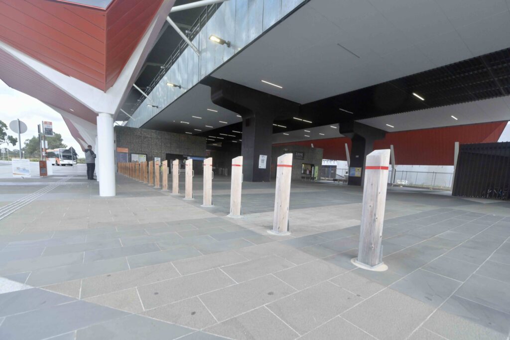 The entrance to Mernda Station, featuring a wide, welcoming plaza paved with large-format stone from Eigen Stones.
